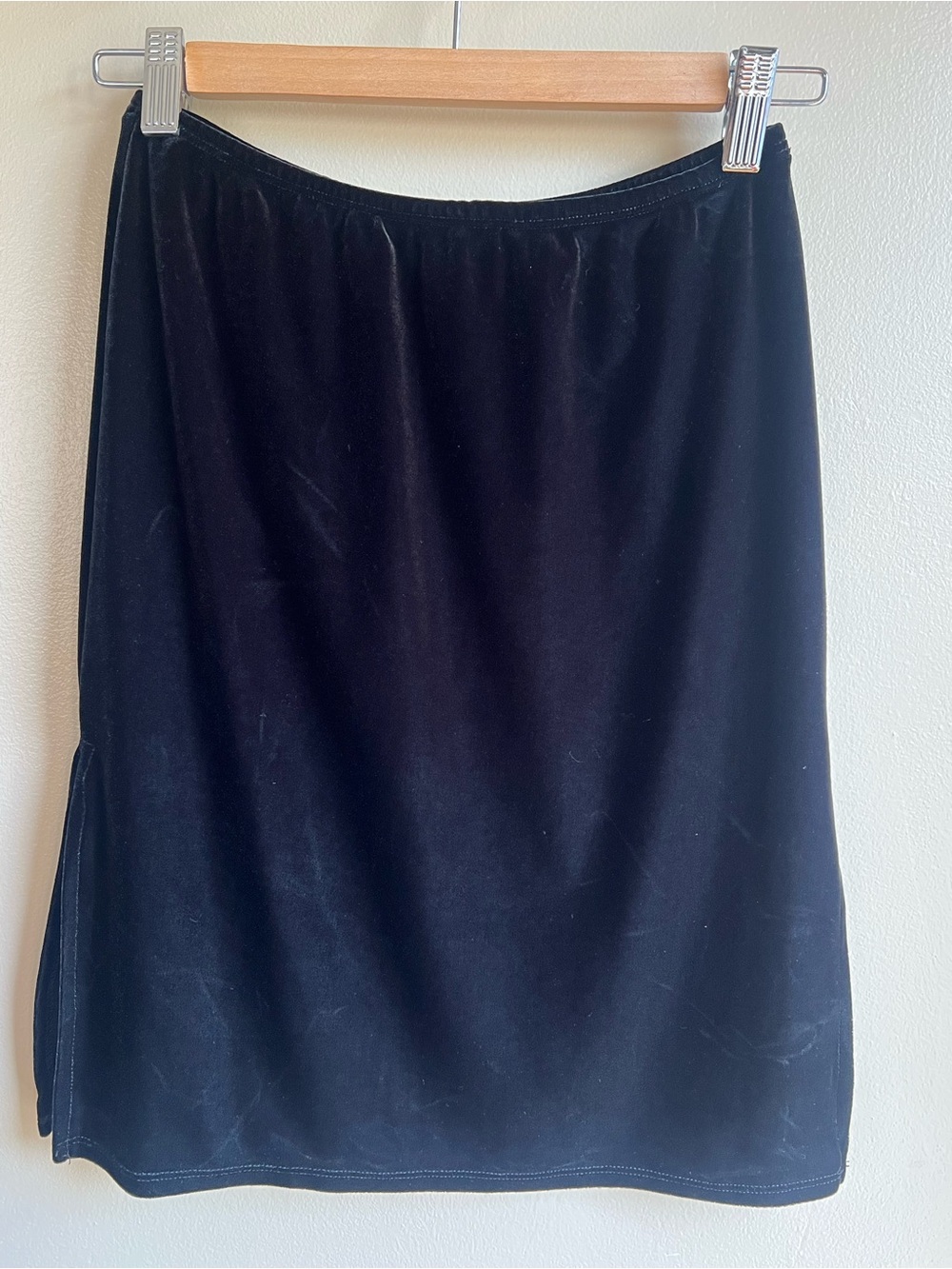 Vintage 90s HANA Black Velvet Midi Skirt Small Double Side Slit Made USA